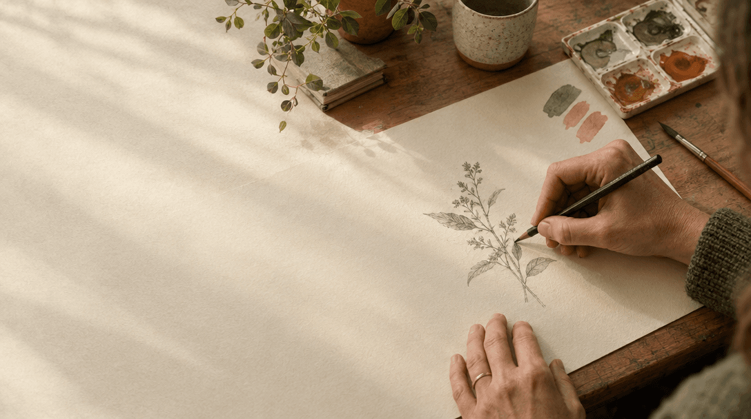 A learner sketching a botanical study beside watercolor swatches.